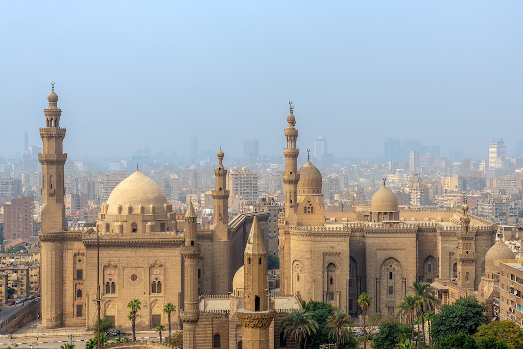 Aerial view of Cairo city from Salah Al Deen Citadel (Cairo Citadel) with Al Sultan Hassan and Al Rifai Mosques, Cairo, Egypt